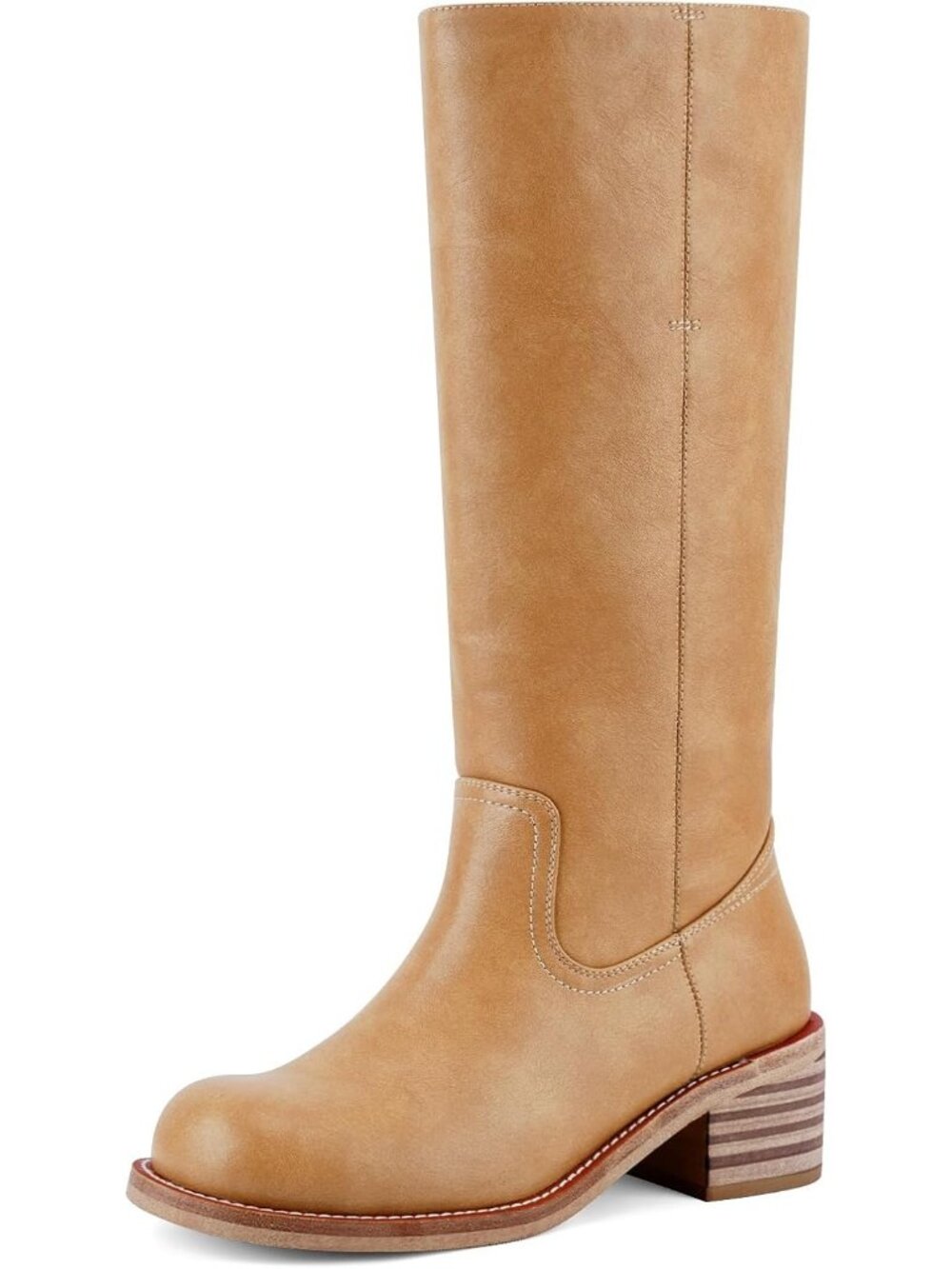Women's Chestnut Brown Low Heel Square Toe Chunky Block Heel Long Knee High Boot